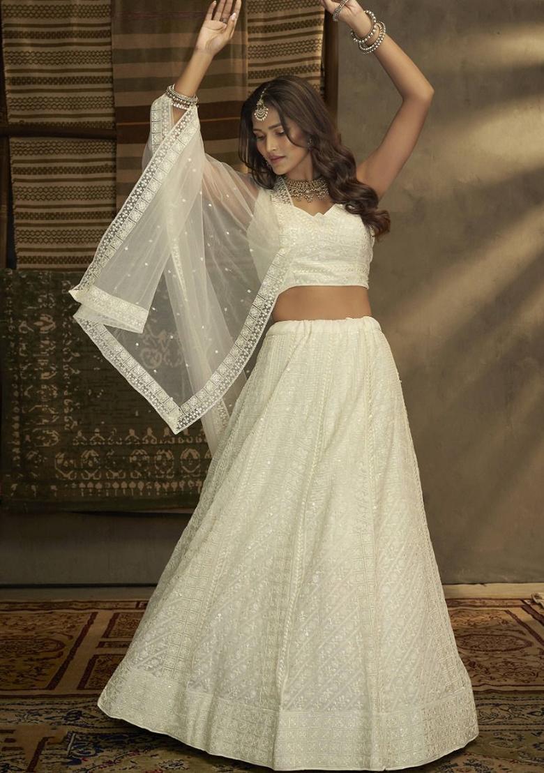 White Embroidered Georgette Lehenga Set