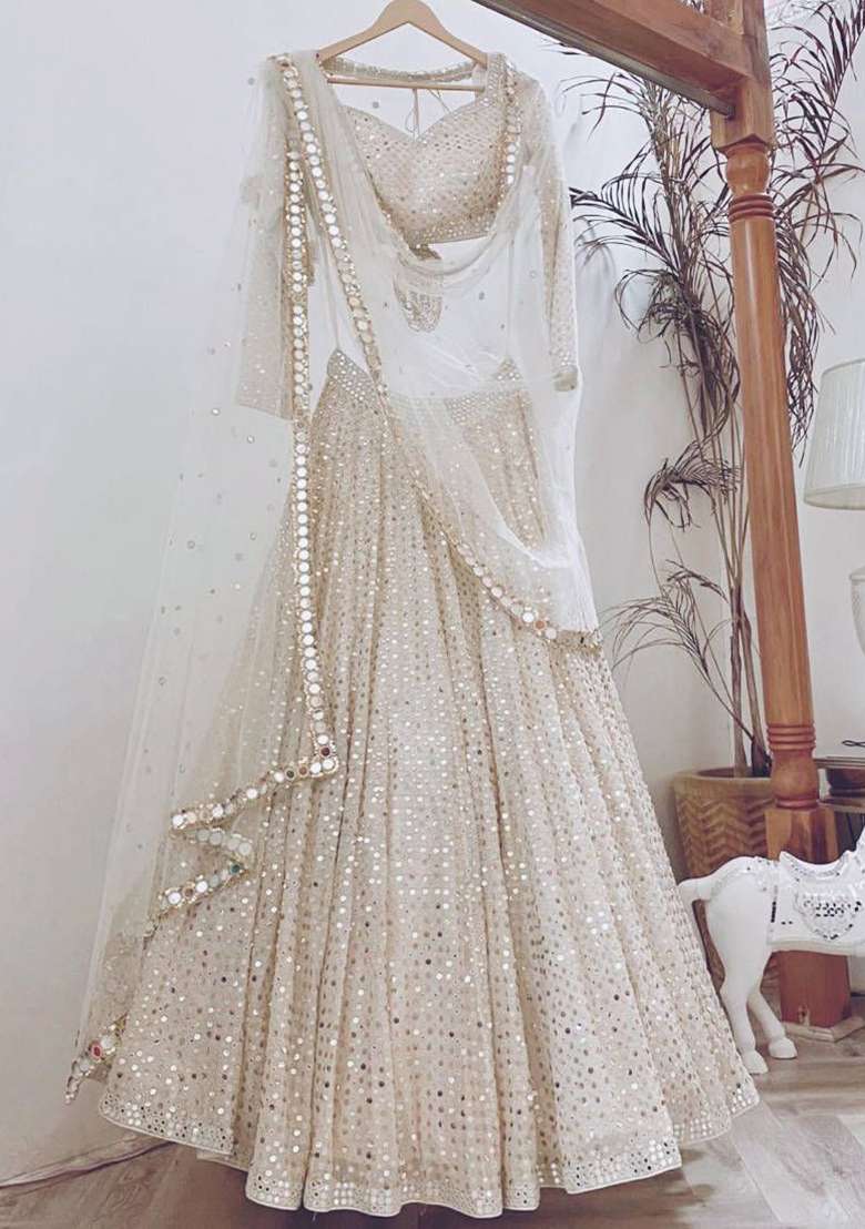 White Embroidered Georgette Lehenga Set for Diwali and Festive Wear - Indya