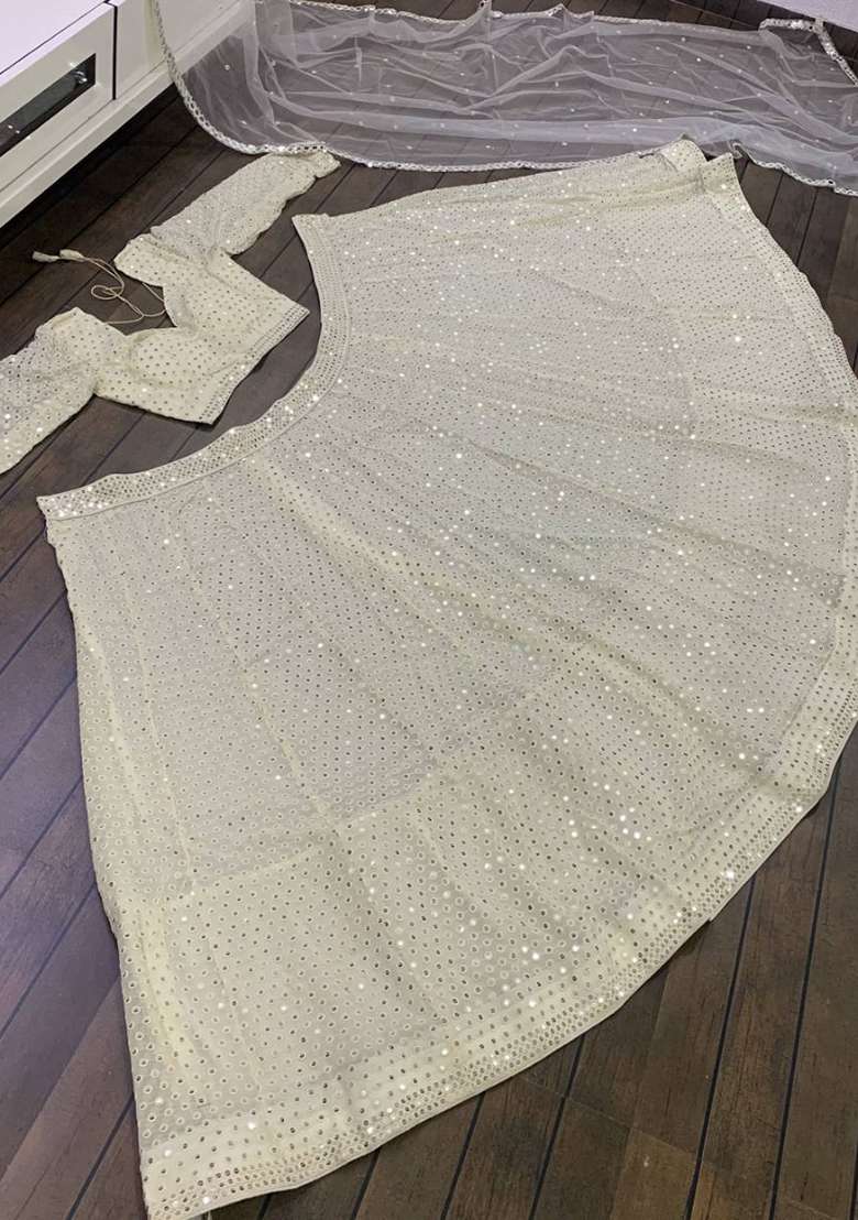 White Embroidered Georgette Lehenga Set for Diwali and Festive Wear - Indya