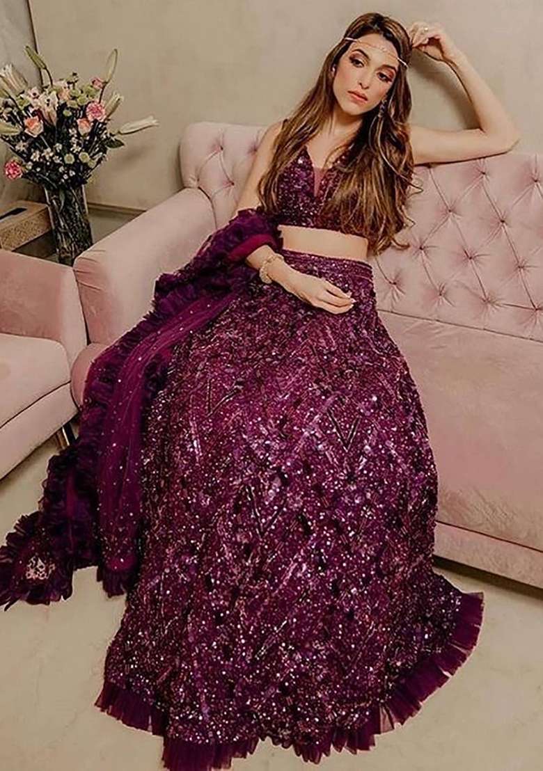 Purple Velvet Lehenga Set with Embroidered & Sequin for Diwali | Wedding & Festive Wear - Indya