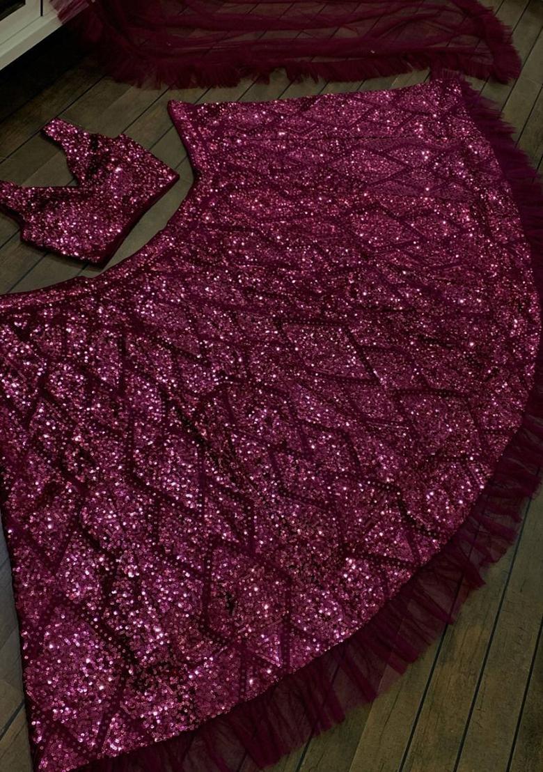 Purple Sequin Embroidered Velvet Lehenga Set