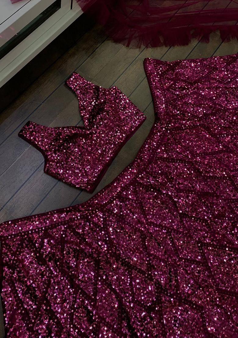 Purple Sequin Embroidered Velvet Lehenga Set