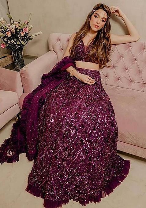 Purple Sequin Embroidered Velvet Lehenga Set — view on Indya