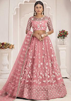 Peach Embroidered Net Lehenga Set