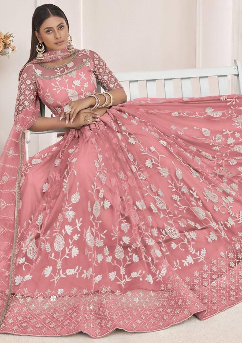 Peach Embroidered Net Lehenga Set