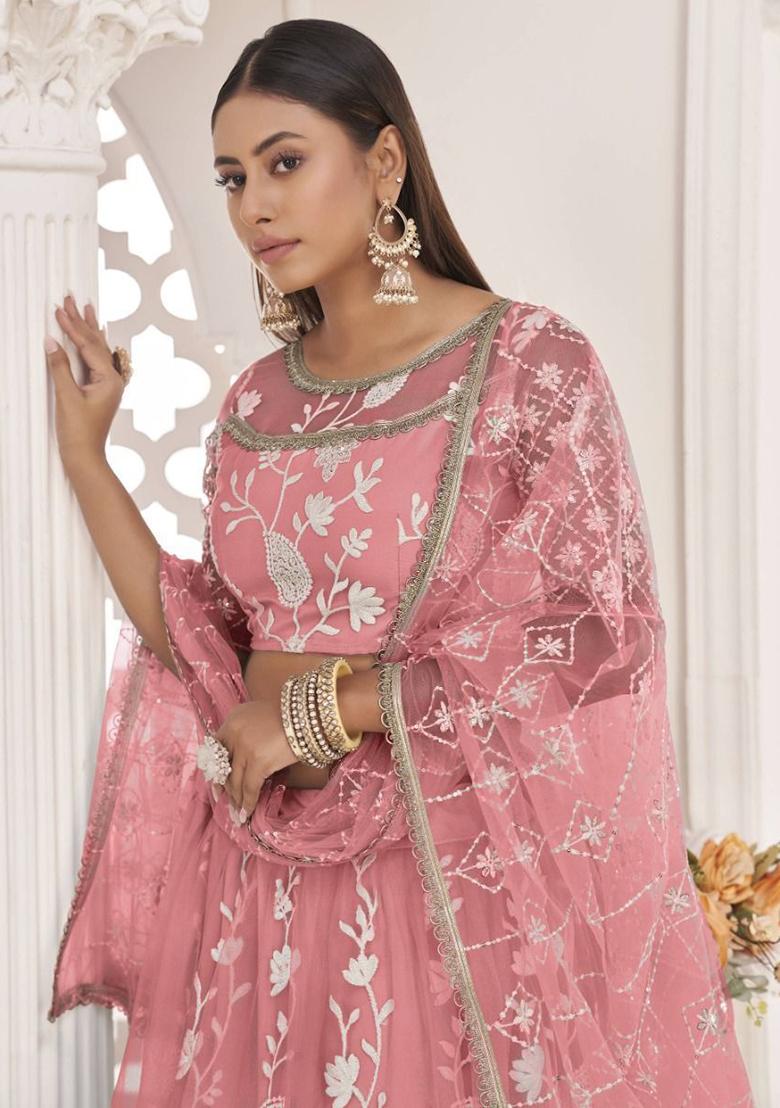 Peach Embroidered Net Lehenga Set