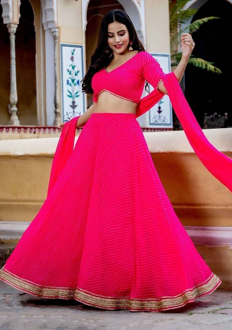 Pink Leheriya Print Georgette Lehenga Set for Diwali and Festive Wear - Indya