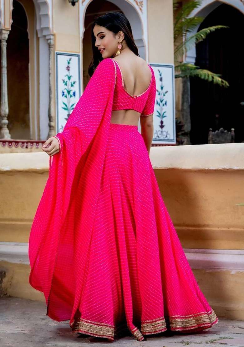 Pink Leheriya Print Georgette Lehenga Set for Diwali and Festive Wear - Indya