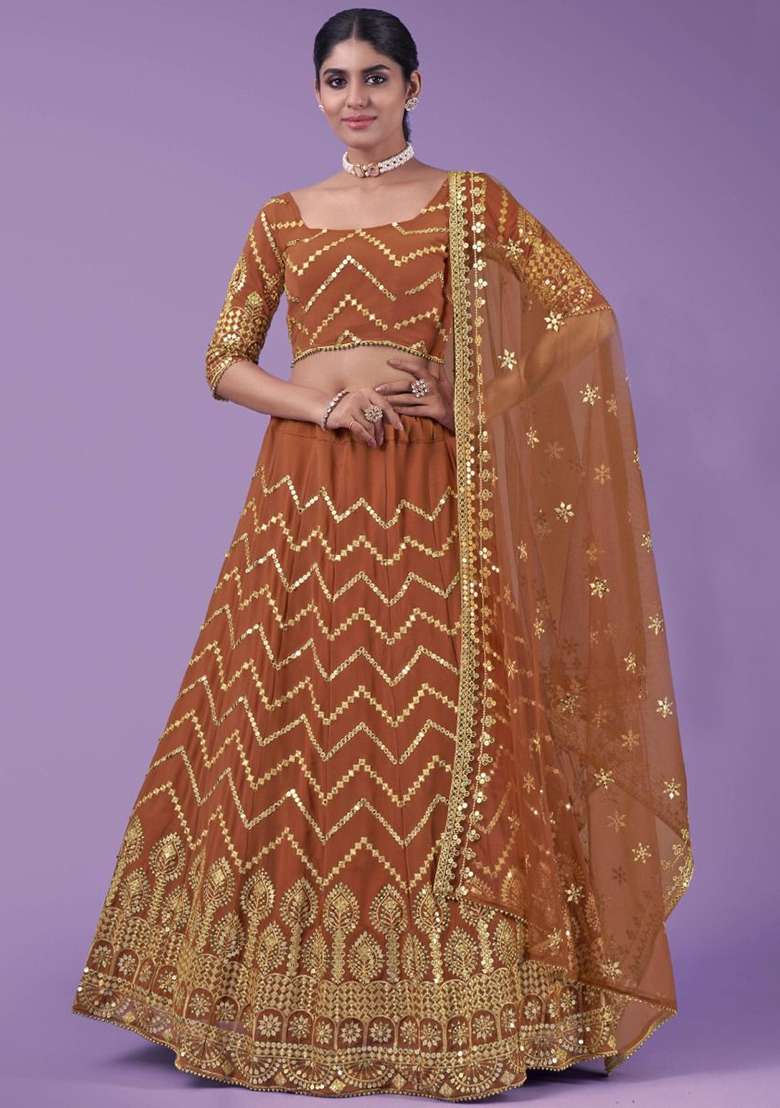Orange Zari Work Georgette Lehenga Set - Indya