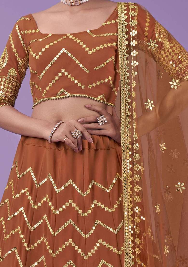 Orange Zari Work Georgette Lehenga Set - Indya