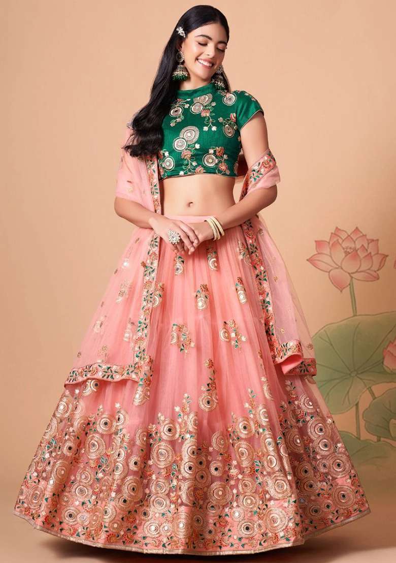 Peach Net Lehenga Set with Mirror Work for Diwali | Wedding & Festive Wear - Indya
