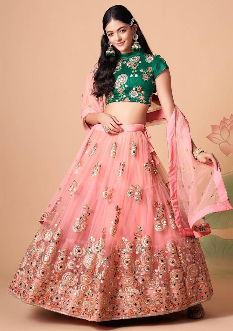Peach Mirror Work Net Lehenga Set