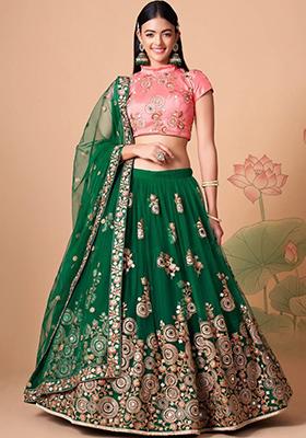 Green Embroidered Net Lehenga Set
