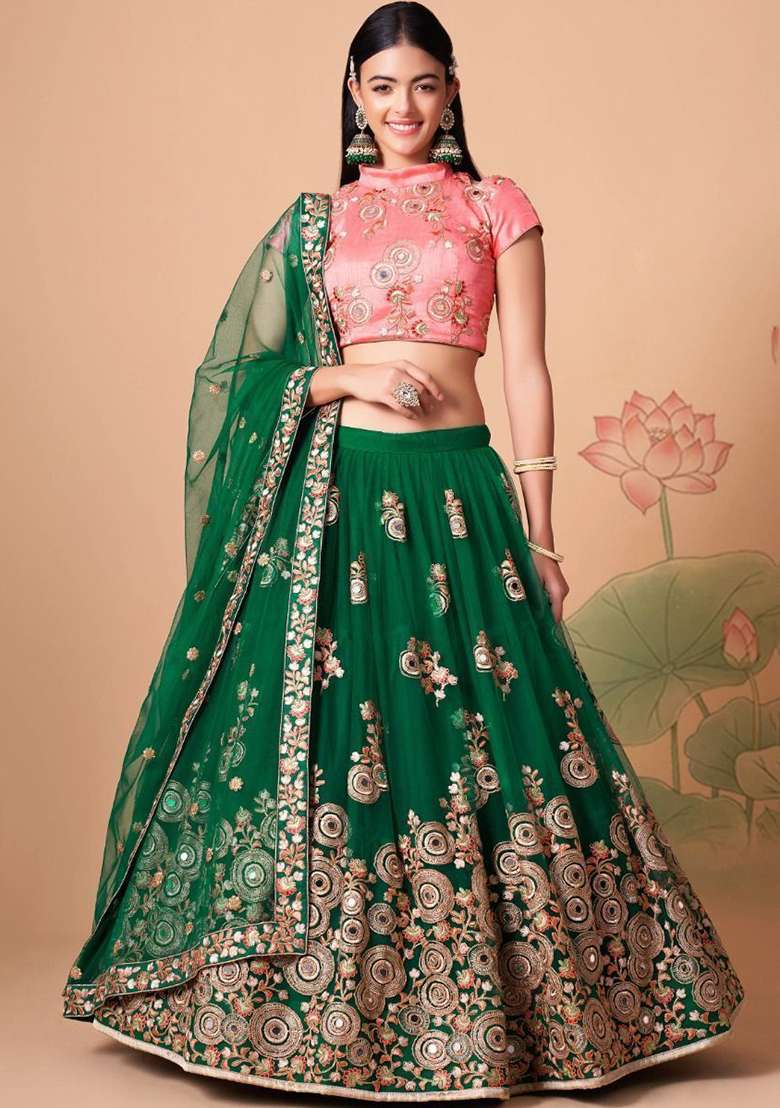 Green Embroidered Net Lehenga Set for Diwali and Festive Wear - Indya