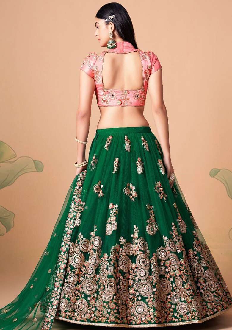 Green Embroidered Net Lehenga Set for Diwali and Festive Wear - Indya