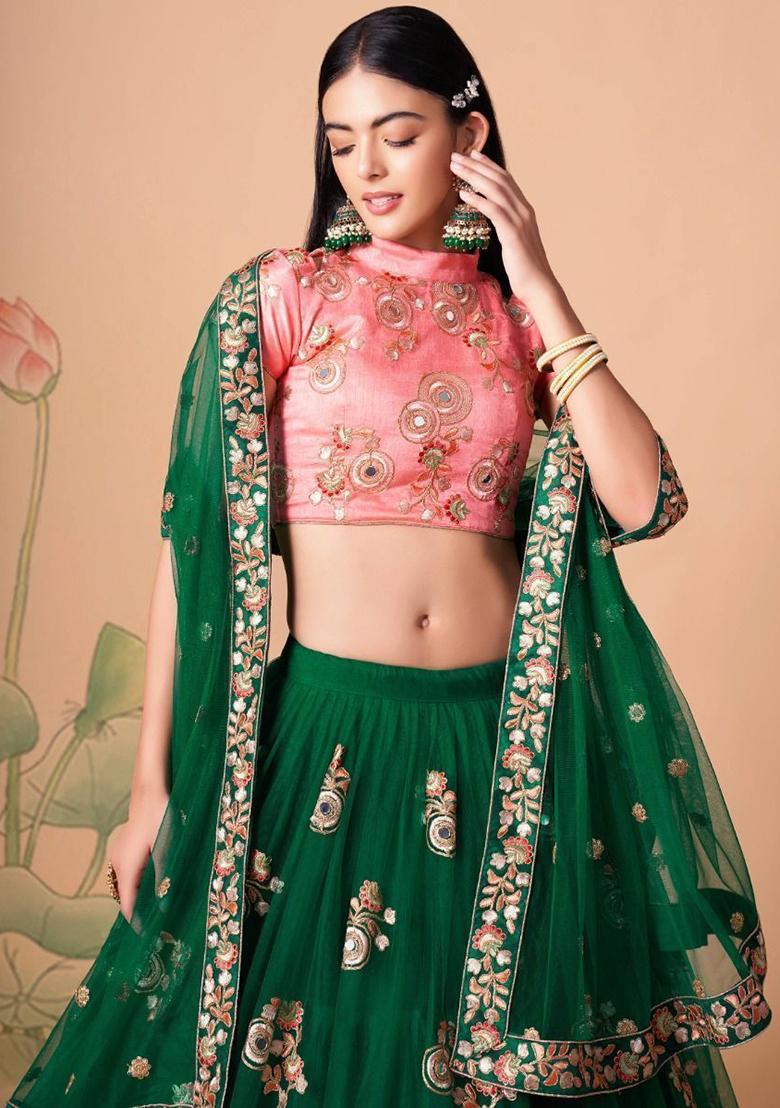 Green Embroidered Net Lehenga Set