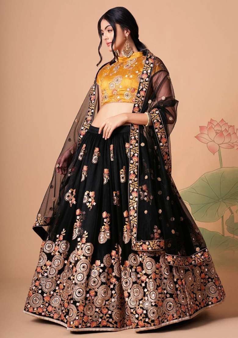 Black Net Lehenga Set with Embroidered for Diwali | Wedding & Festive Wear - Indya