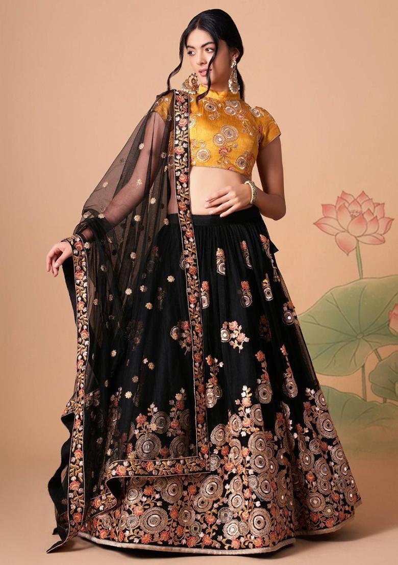 Black Embroidered Net Lehenga Set