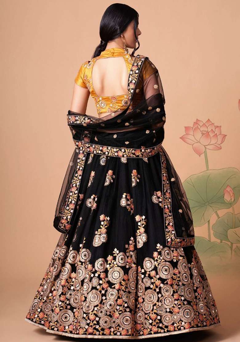 Black Net Lehenga Set with Embroidered for Diwali | Wedding & Festive Wear - Indya