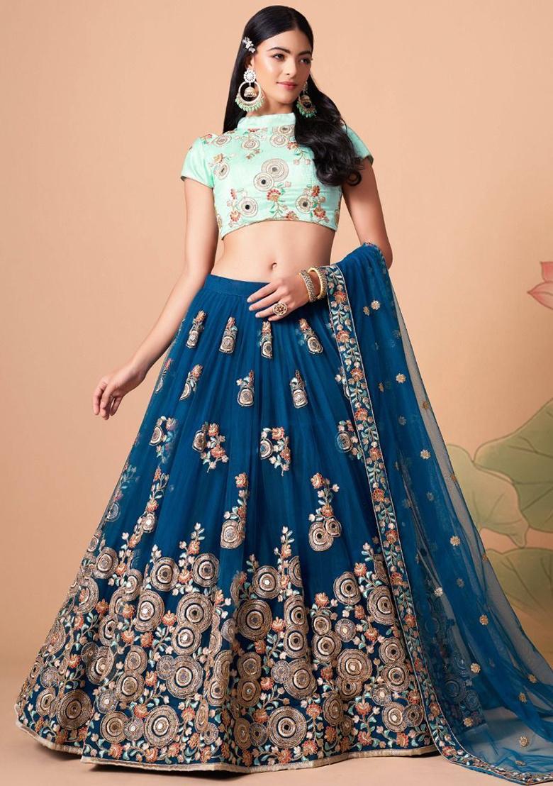 Blue Embroidered Net Lehenga Set
