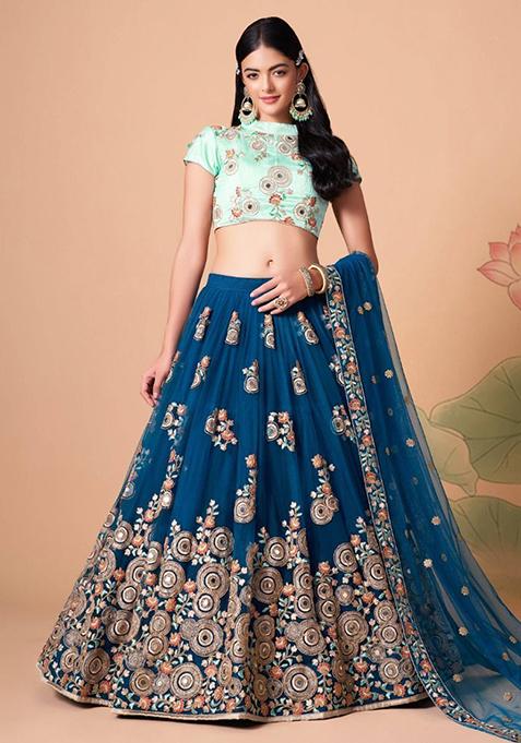 Blue Embroidered Net Lehenga Set