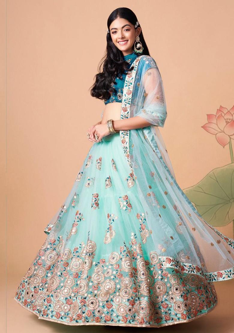 Sky Blue Sequin Embroidered Net Lehenga Set