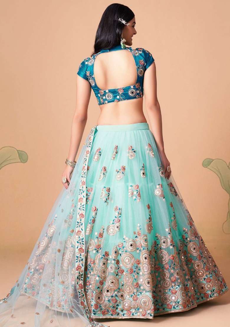 Sky Blue Net Lehenga Set with Embroidered & Sequin for Diwali | Wedding & Festive Wear - Indya