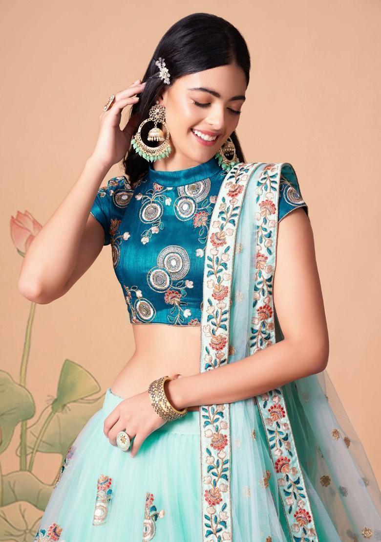 Sky Blue Sequin Embroidered Net Lehenga Set