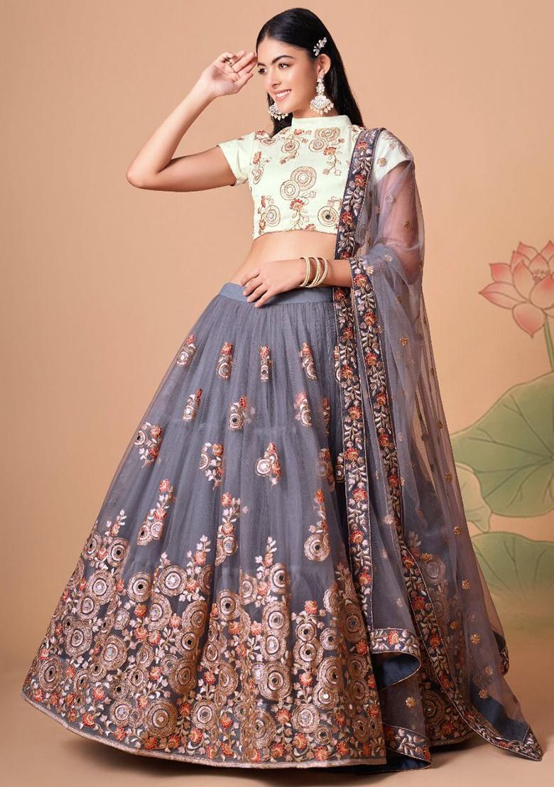 Grey Mirror Work Net Lehenga Set