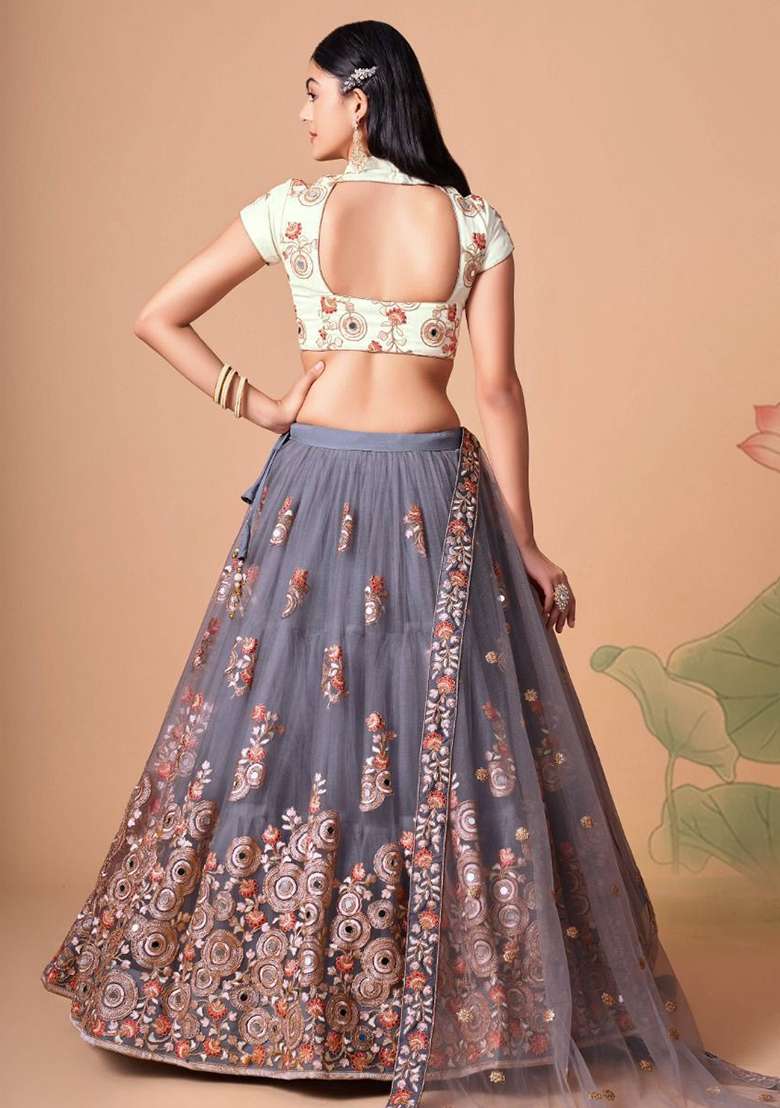 Grey Net Lehenga Set with Mirror Work for Diwali | Wedding & Festive Wear - Indya