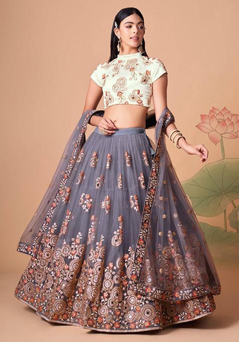 Grey Mirror Work Net Lehenga Set