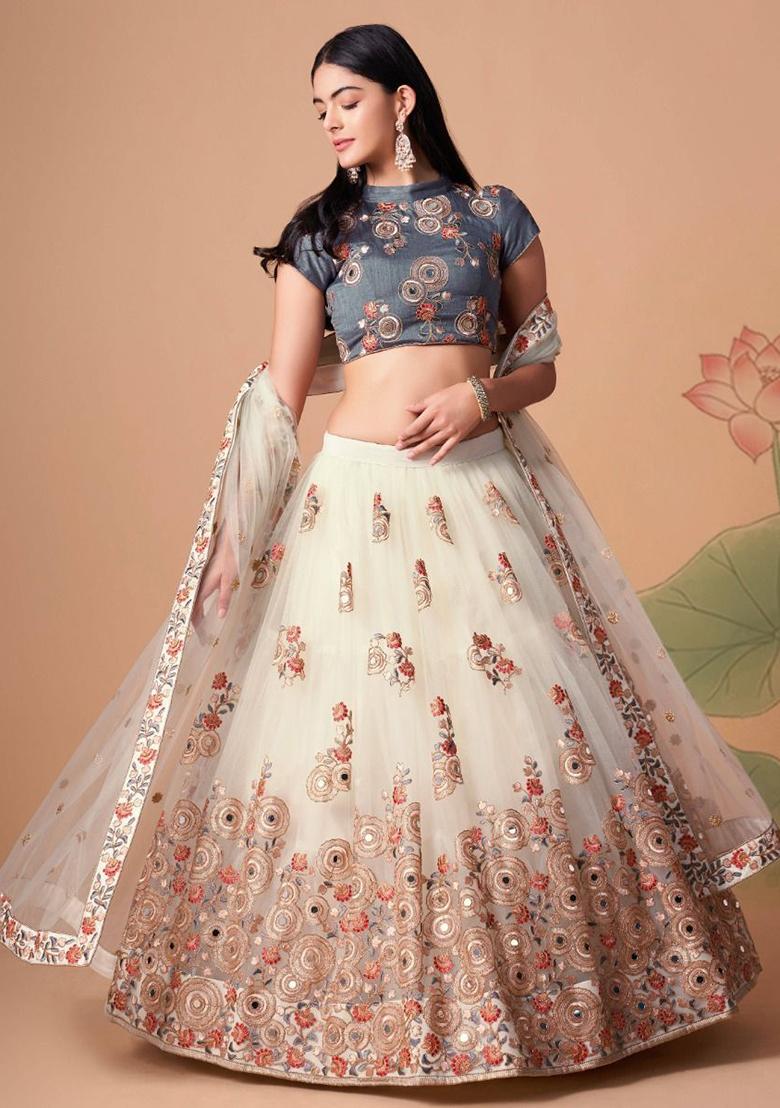 Cream Embroidered Net Lehenga Set