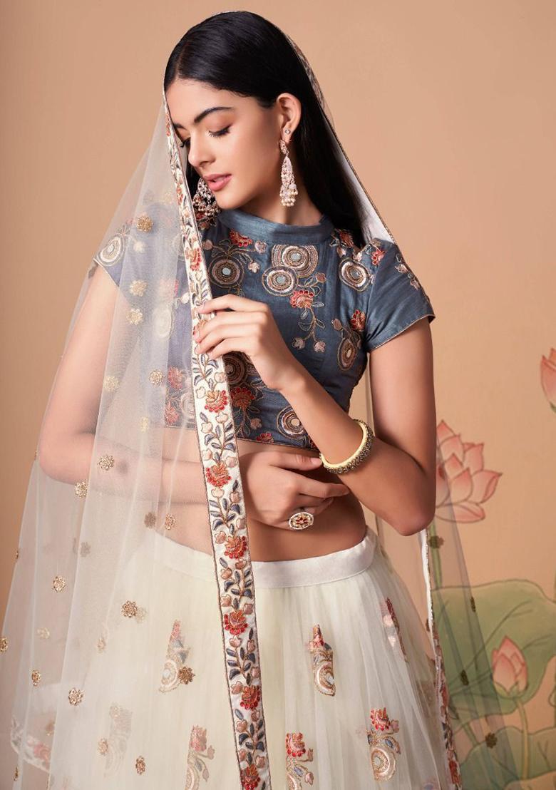 Cream Embroidered Net Lehenga Set