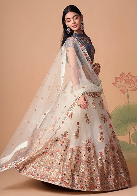 Cream Embroidered Net Lehenga Set