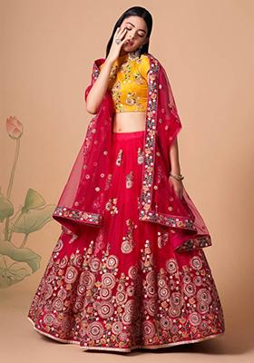Pink Embroidered Net Lehenga Set