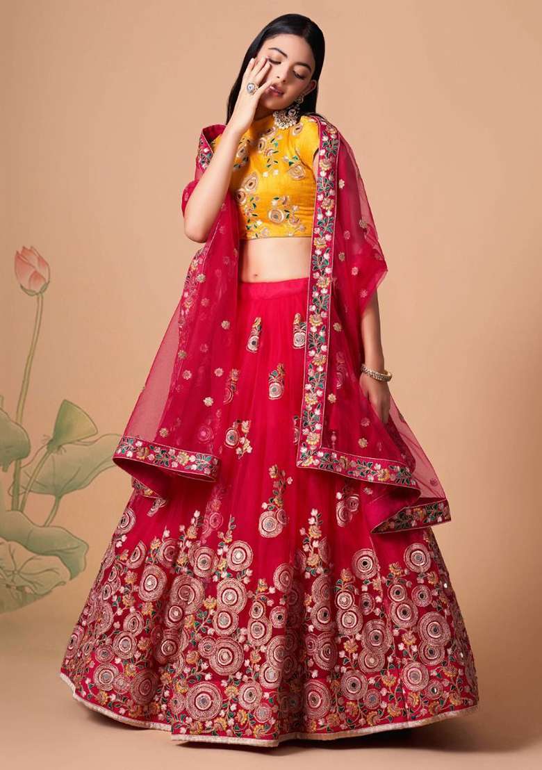 Pink Net Lehenga Set with Embroidered for Diwali | Wedding & Festive Wear - Indya