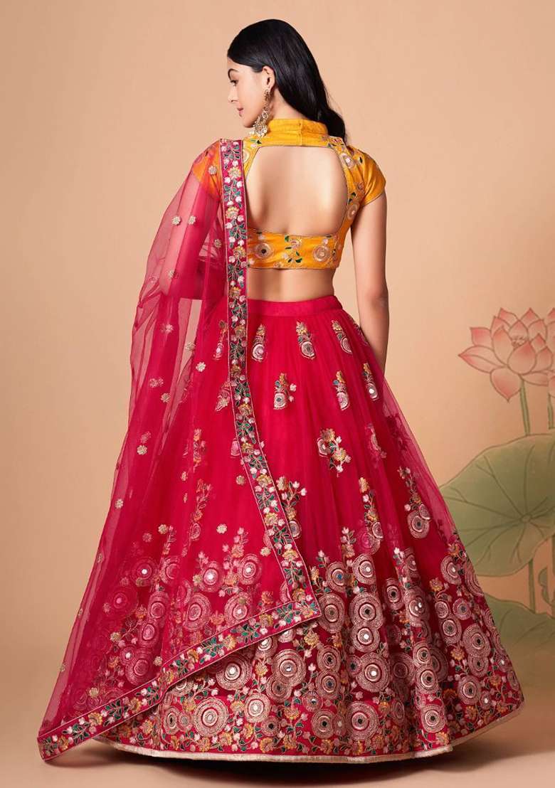 Pink Net Lehenga Set with Embroidered for Diwali | Wedding & Festive Wear - Indya