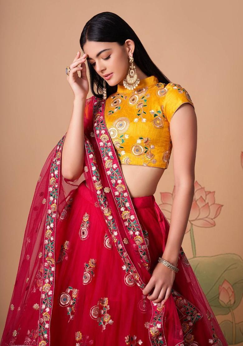 Pink Embroidered Net Lehenga Set