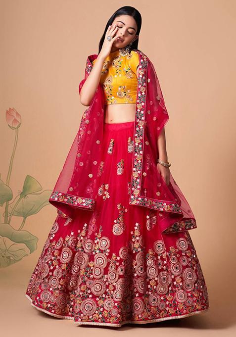 Pink Embroidered Net Lehenga Set