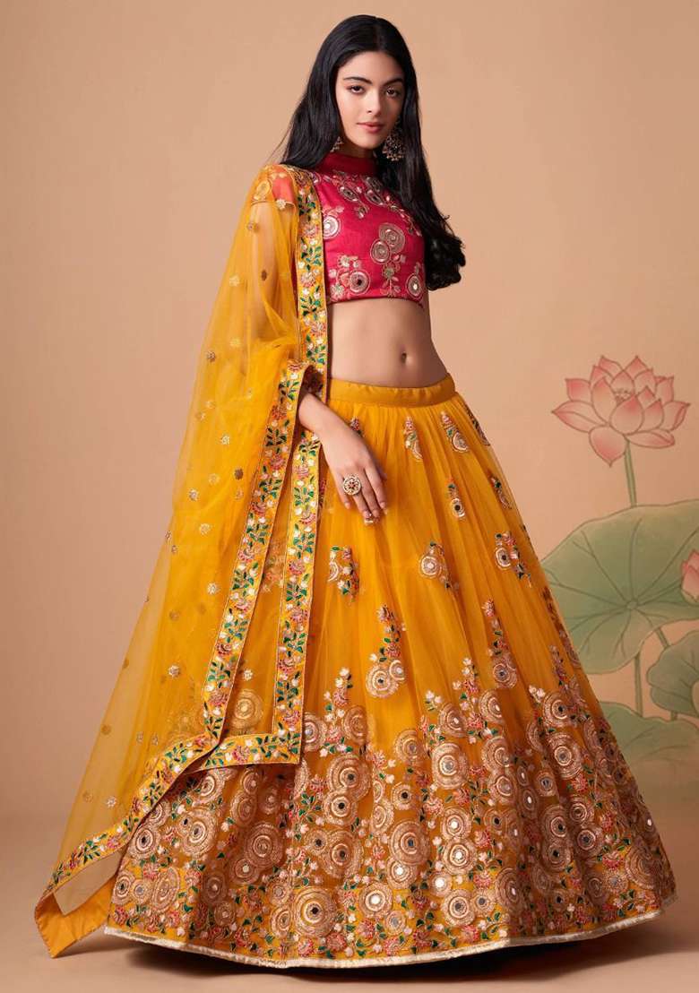 Yellow Sequin Embroidered Net Lehenga Set for Diwali and Festive Wear - Indya