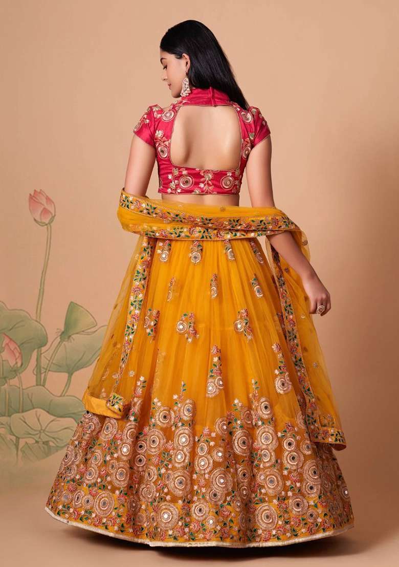Yellow Sequin Embroidered Net Lehenga Set for Diwali and Festive Wear - Indya
