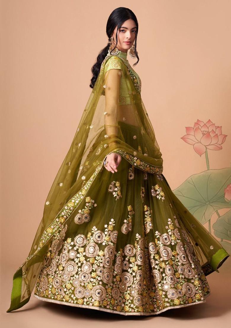 Green Embroidered Net Lehenga Set