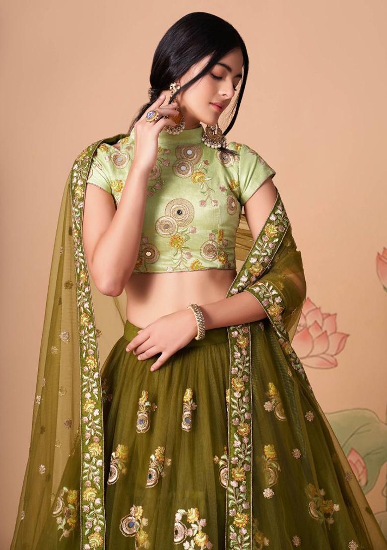 Green Embroidered Net Lehenga Set