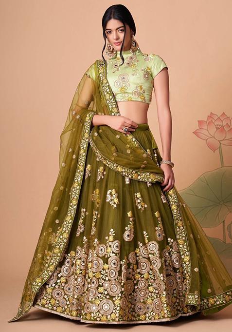 Green Embroidered Net Lehenga Set