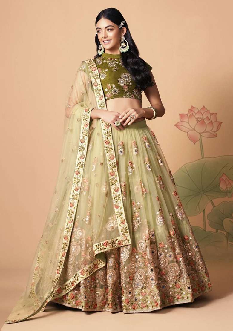 Green Embroidered Net Lehenga Set for Diwali and Festive Wear - Indya