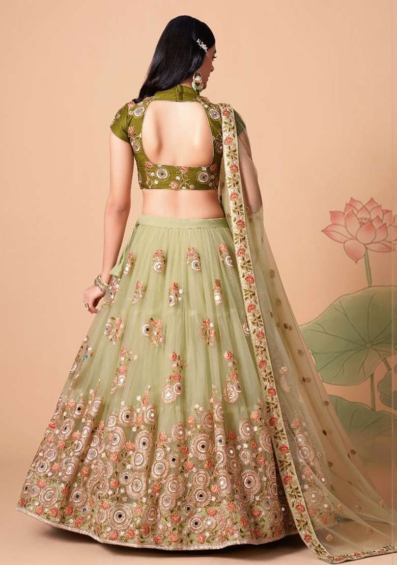 Green Embroidered Net Lehenga Set for Diwali and Festive Wear - Indya