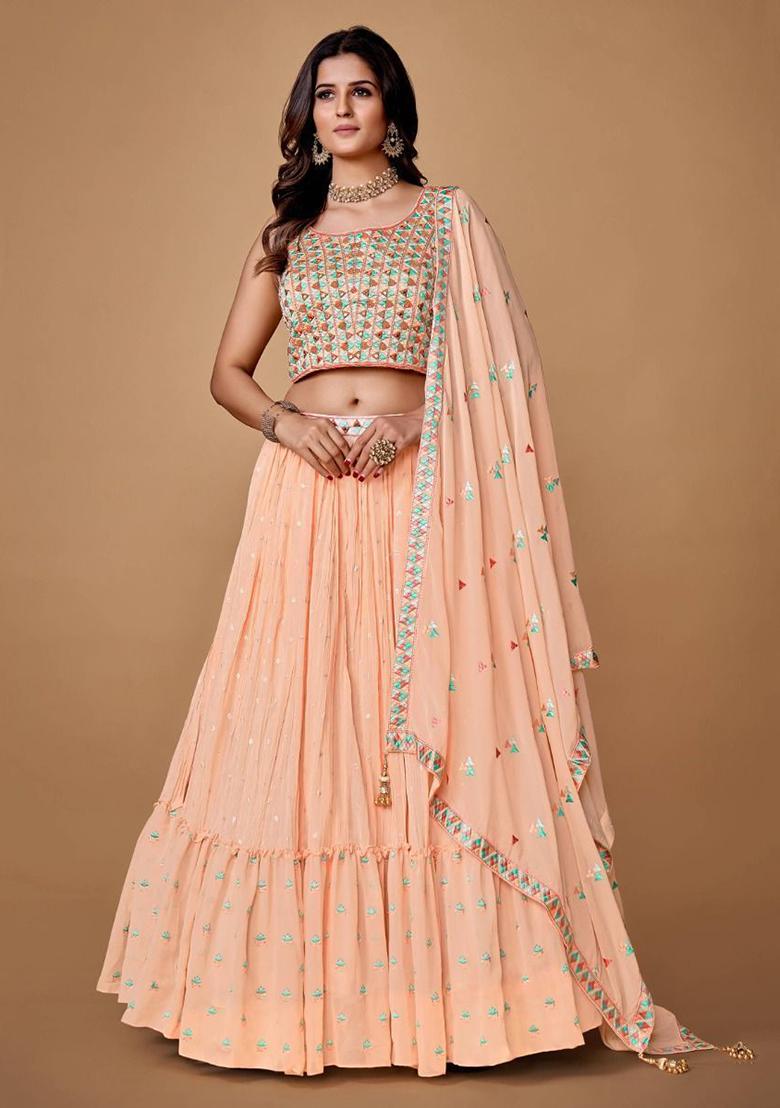 Peach Floral Print Chiffon Lehenga Set