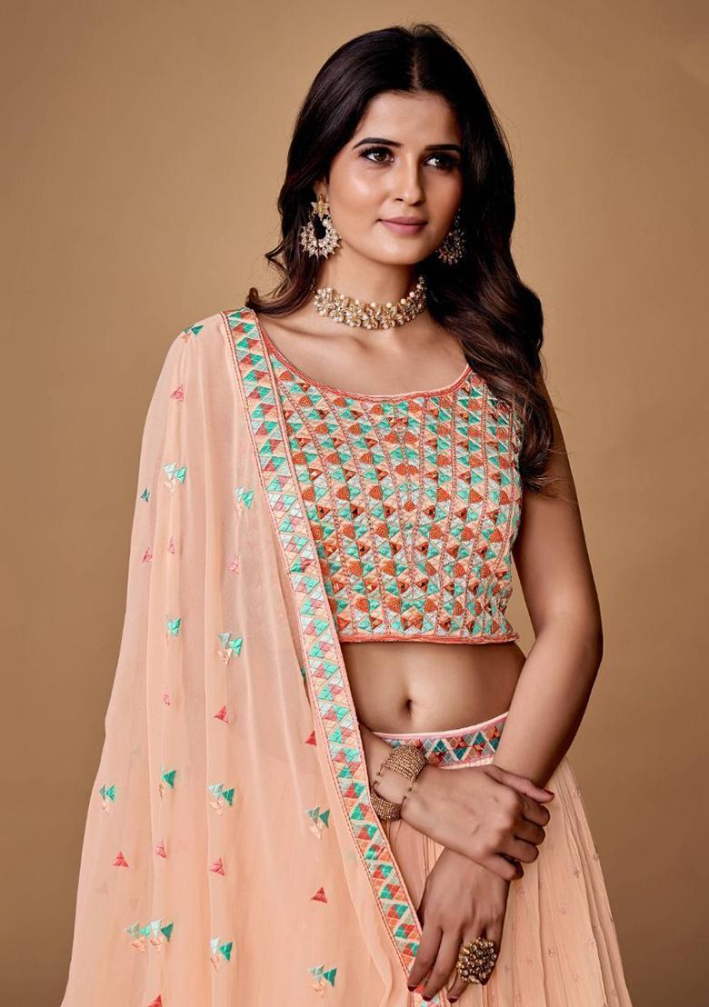 Peach Floral Print Chiffon Lehenga Set