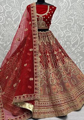 Red Embroidered Velvet Lehenga Set