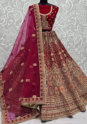 Pink Embroidered Velvet Lehenga Set